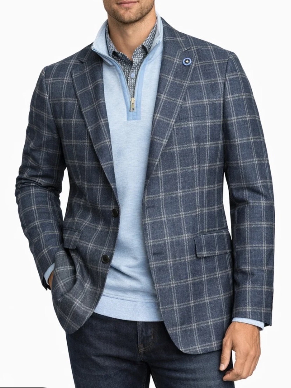 Savile Row Men's Navy Windowpane Sport Coat - Classic Checked Blazer